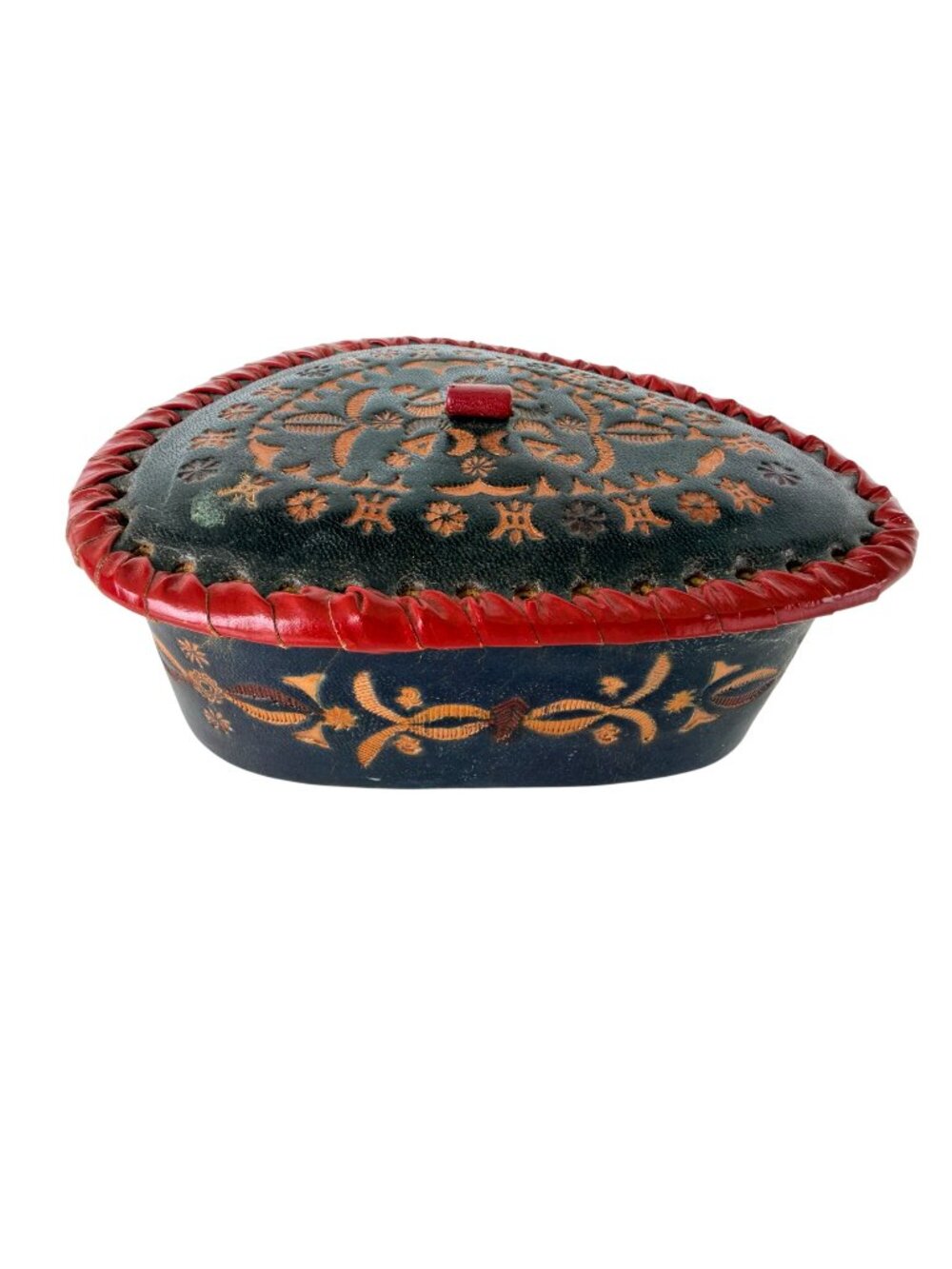 Vintage Hand Tooled Leather Flower Trinket Box Black Red Shirokiya Hawaii 5A2